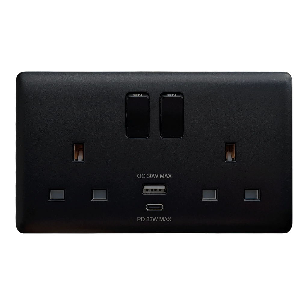 Matte Black electrical wall socket with usb ports on a white background