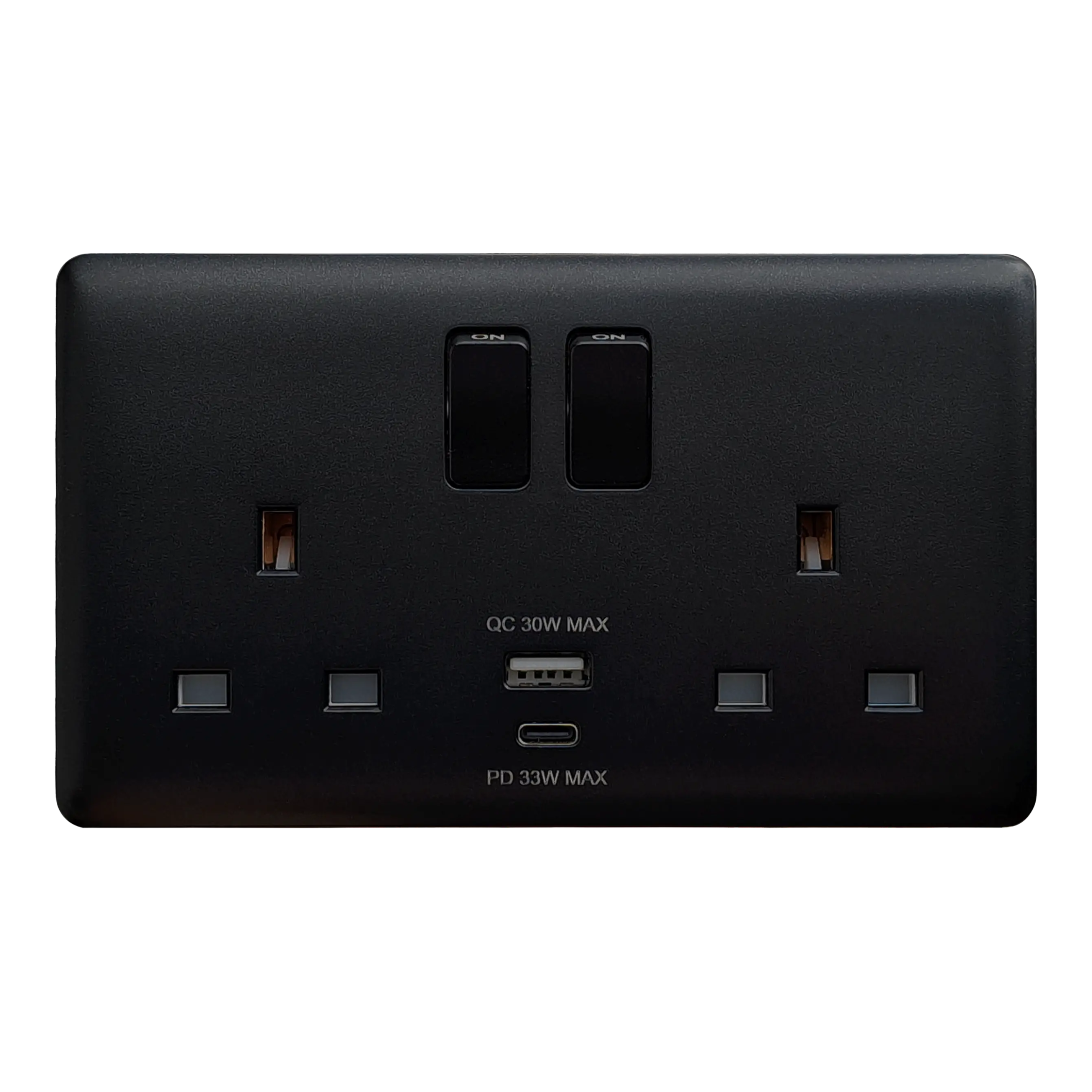 Matte Black electrical wall socket with usb ports on a white background