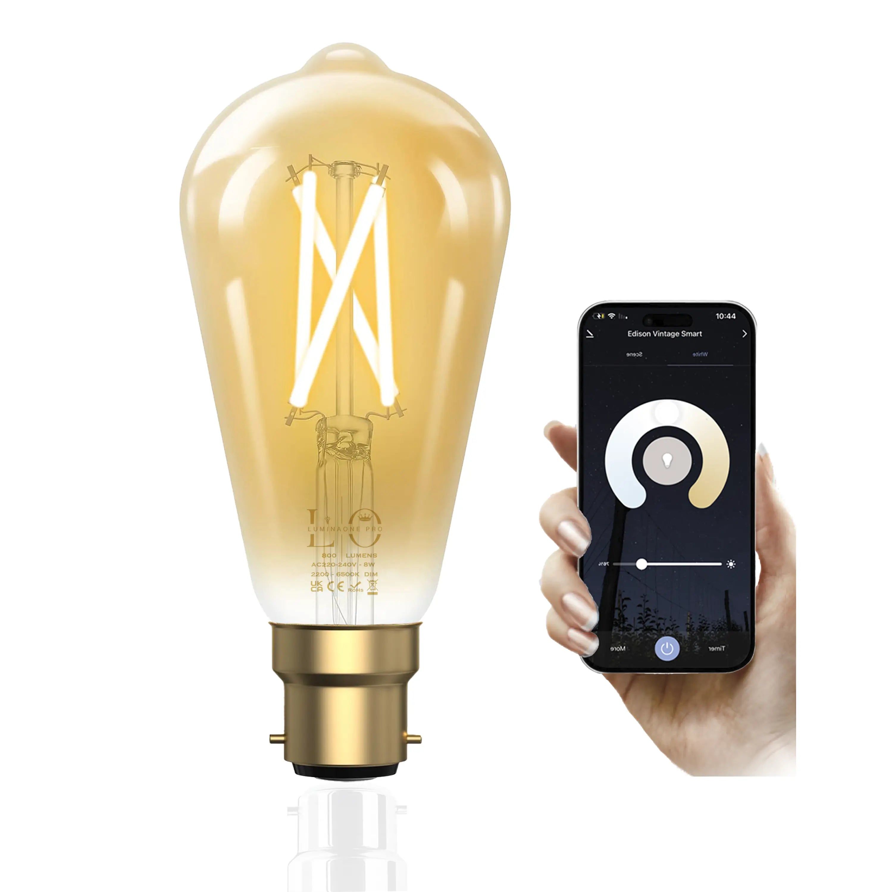 Vintage-style smart edison light bulb next to a smartphone with app interface on a white background