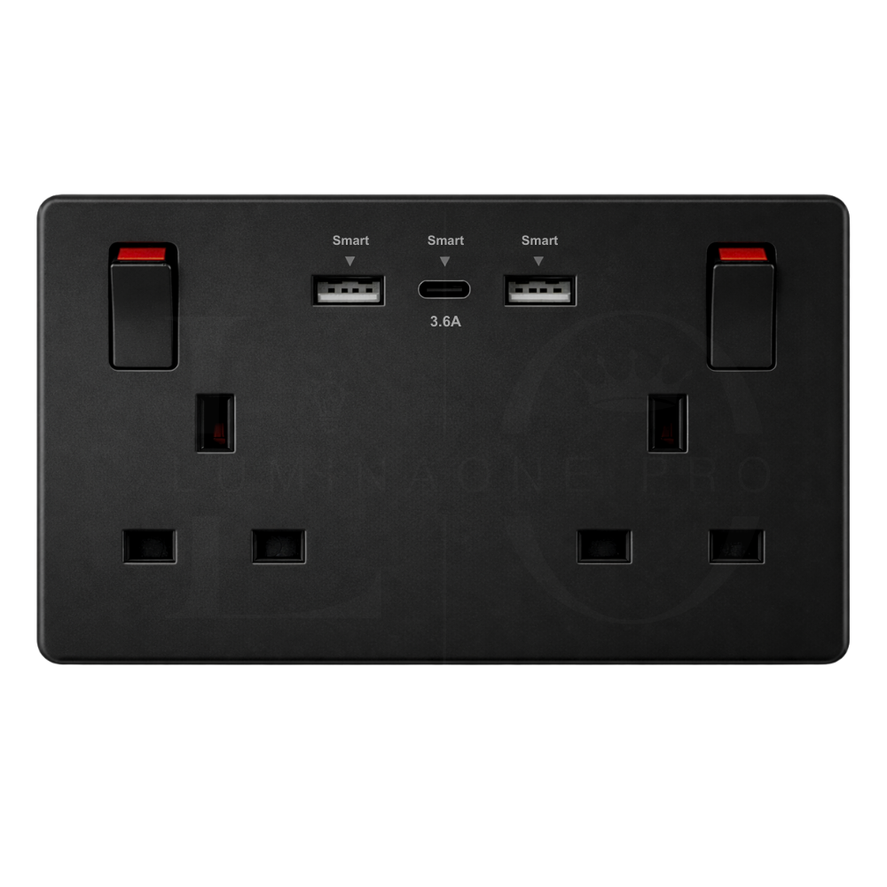 Double Socket with USB-C &amp; USB-A | 13A 2 Gang Wall Socket | 25W Combined Charging Output | Screwless Matt Black