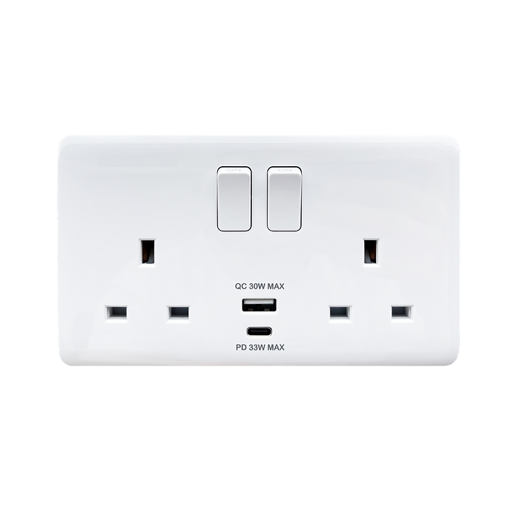 White electrical  WALL socket with USB ports on a white background