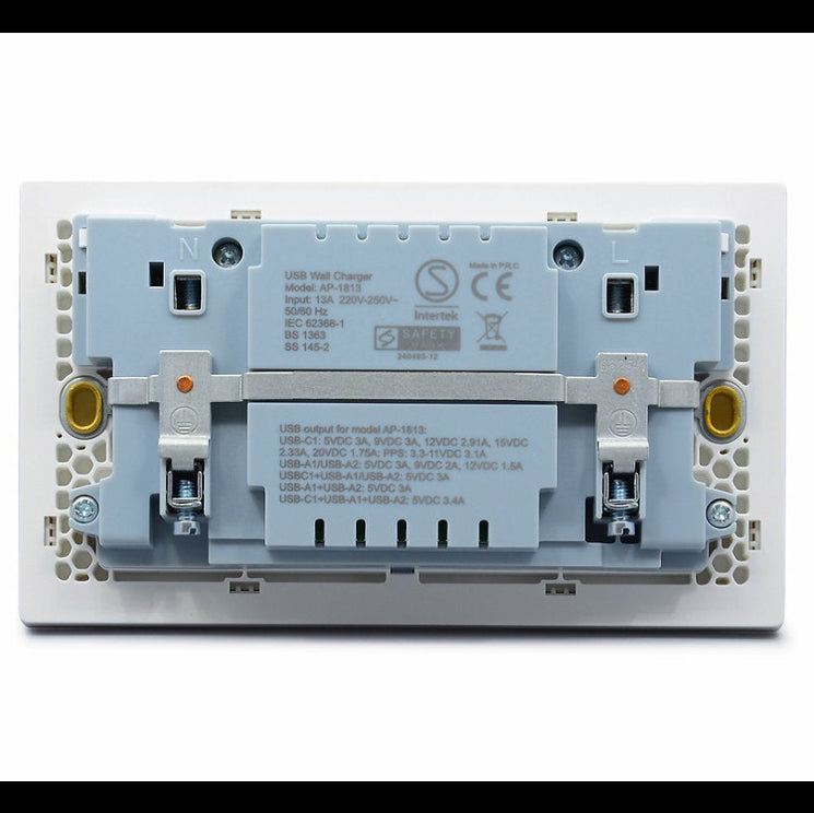 Back view of a USB double wall socket with visible branding and specifications on a white background