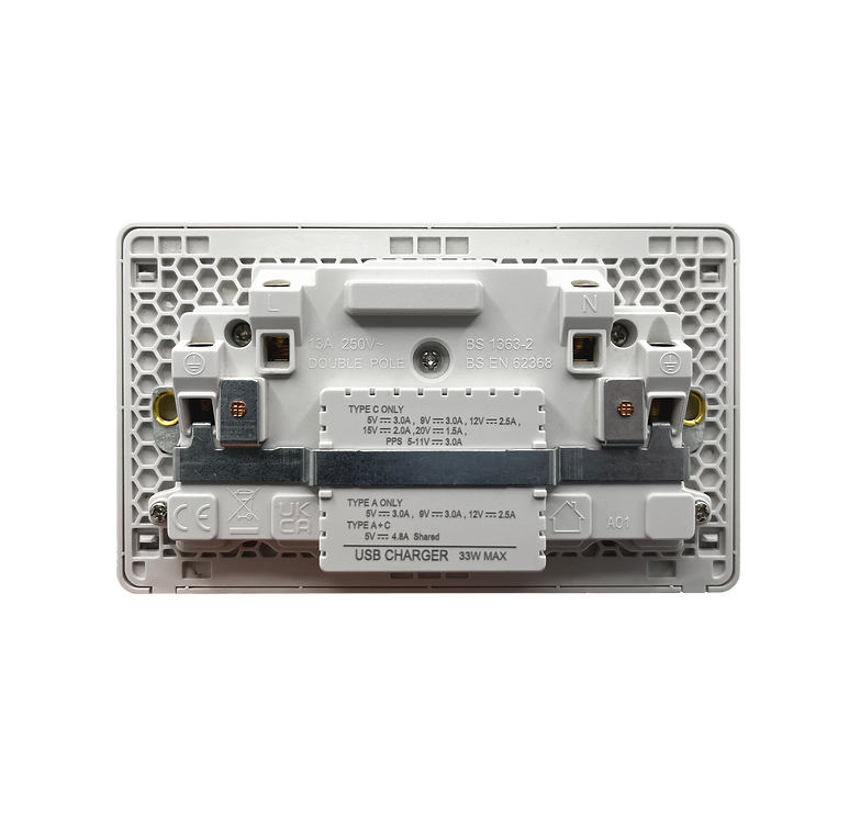 Back view of a DOUBLE SOCKET  with USB charger on a white background