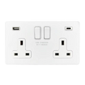 White electrical double wall socket with USB ports on a white background