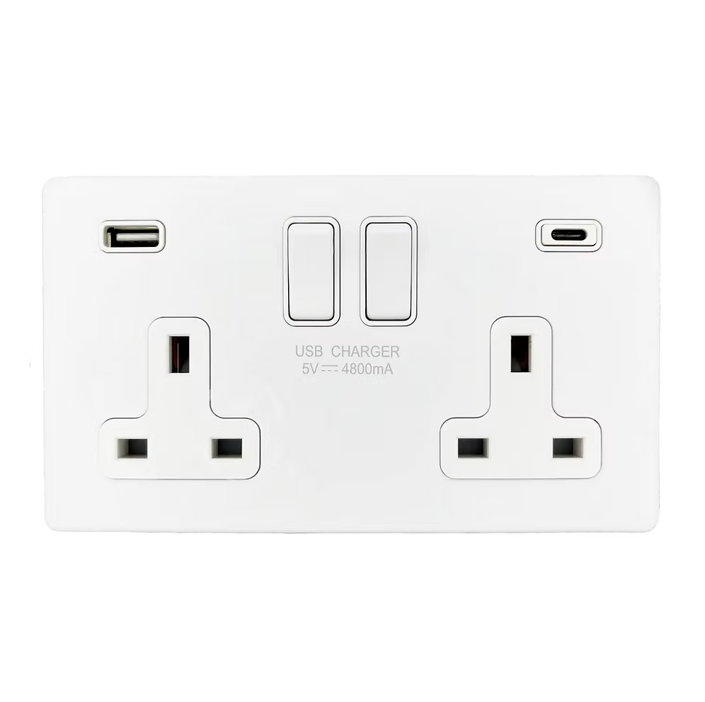 White electrical double wall socket with USB ports on a white background