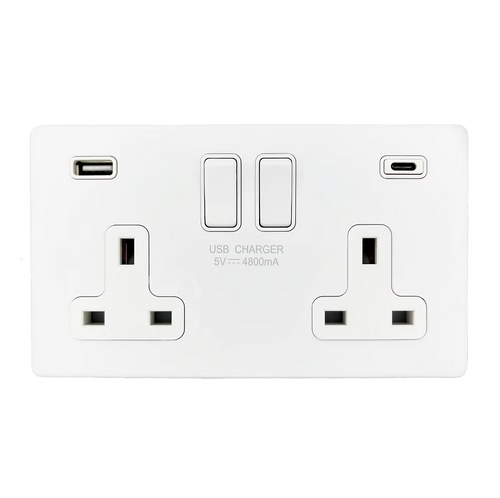 White electrical double wall socket with USB ports on a white background