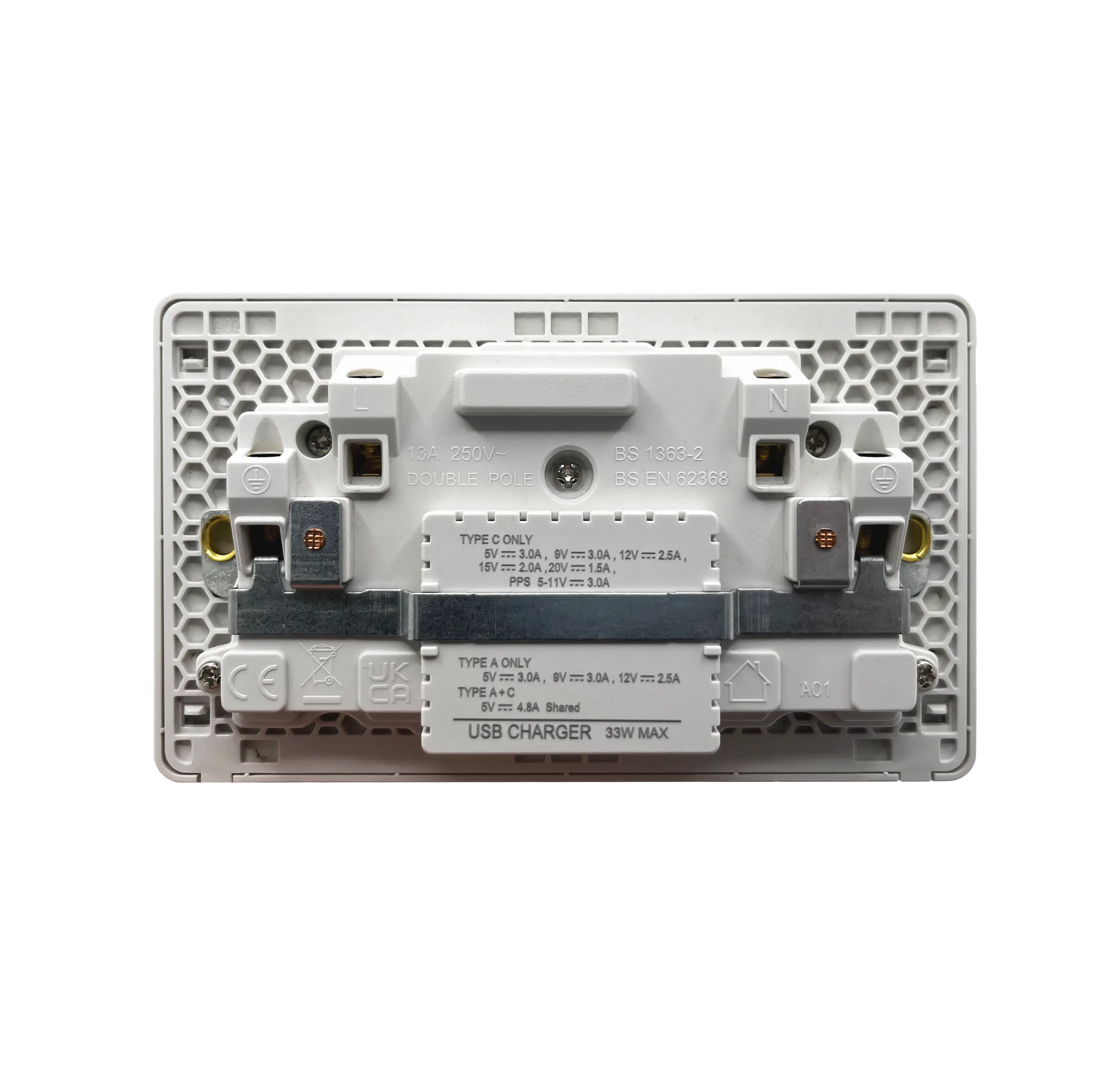 Back view of a double wall socket with usb ports on a white background