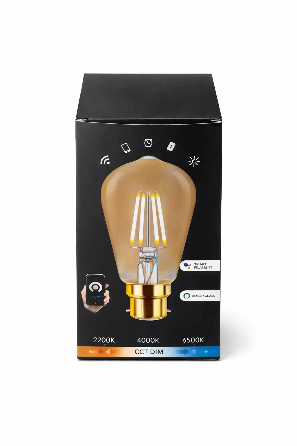 Smart Edison light bulb packaging with a black box featuring an image of a gold LED bulb.
