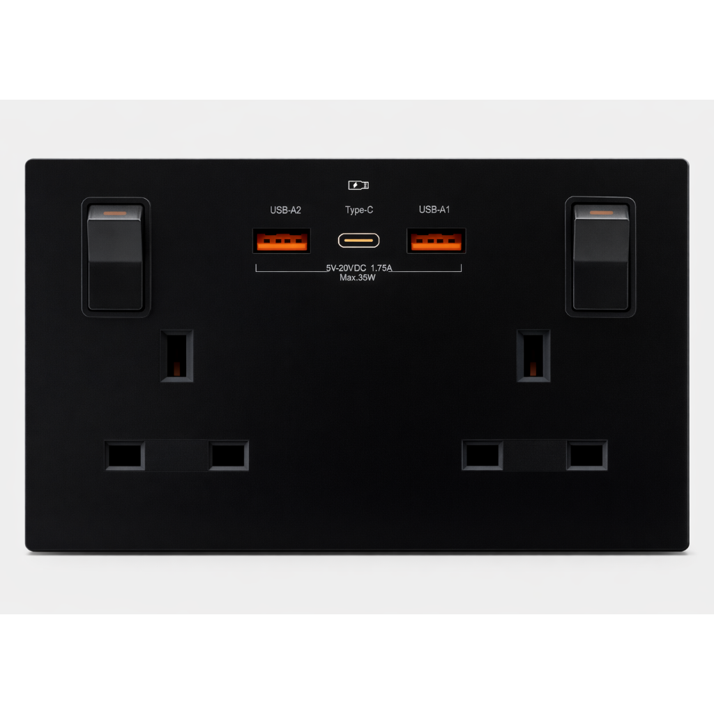 Black electrical double socket with multiple usb ports on a white background