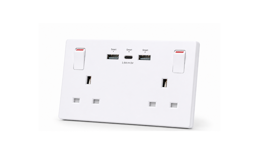 White electrical socket with multiple ports on a white background