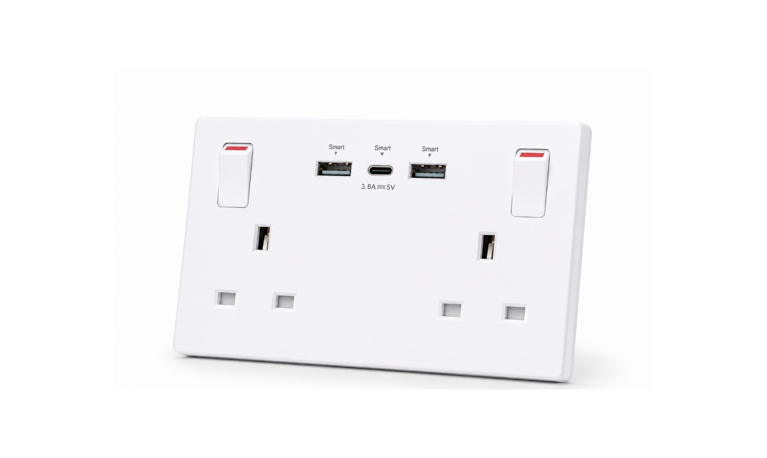White electrical socket with multiple ports on a white background
