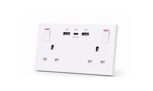 White electrical socket with multiple ports on a white background