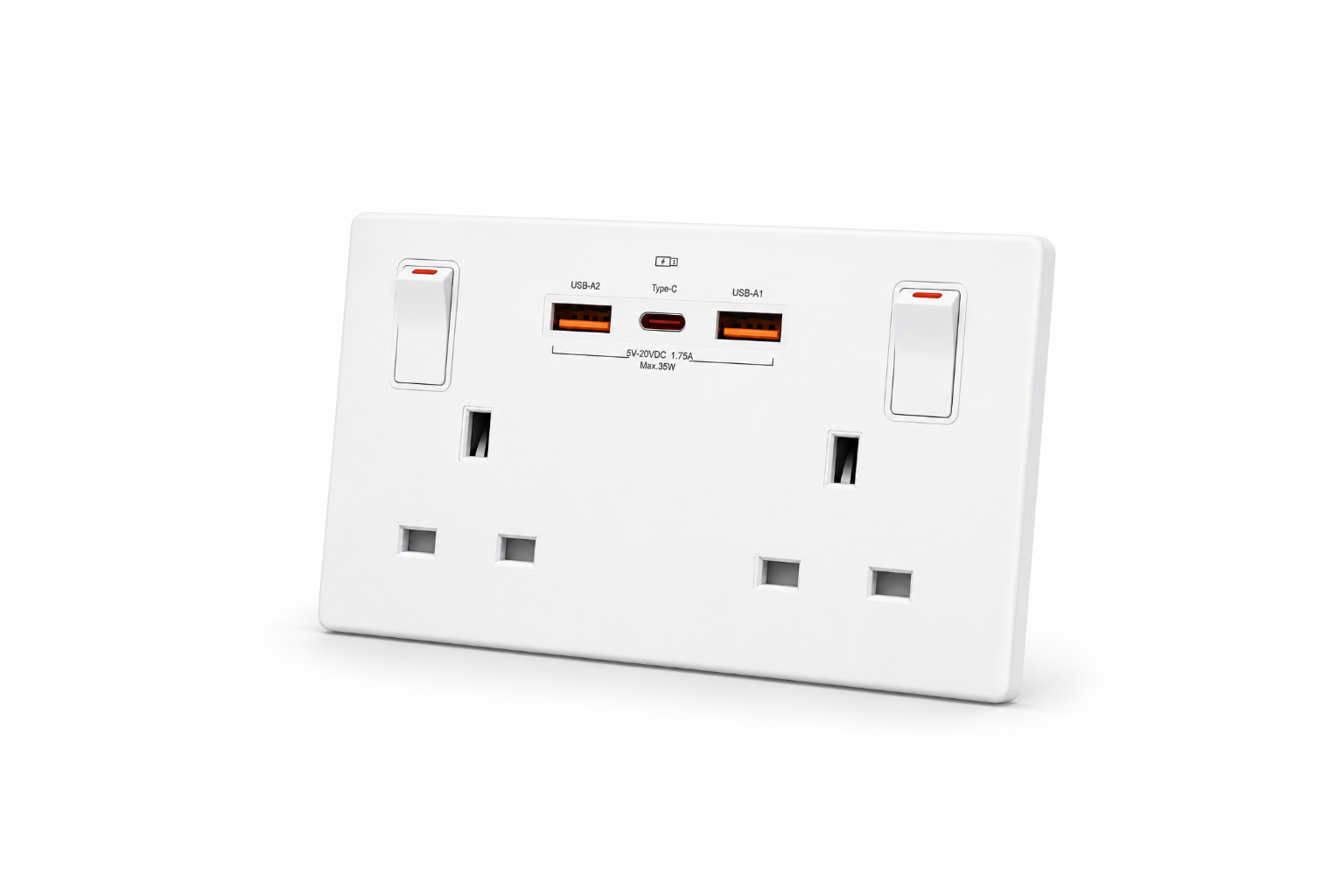 White electrical socket with multiple ports on a white background