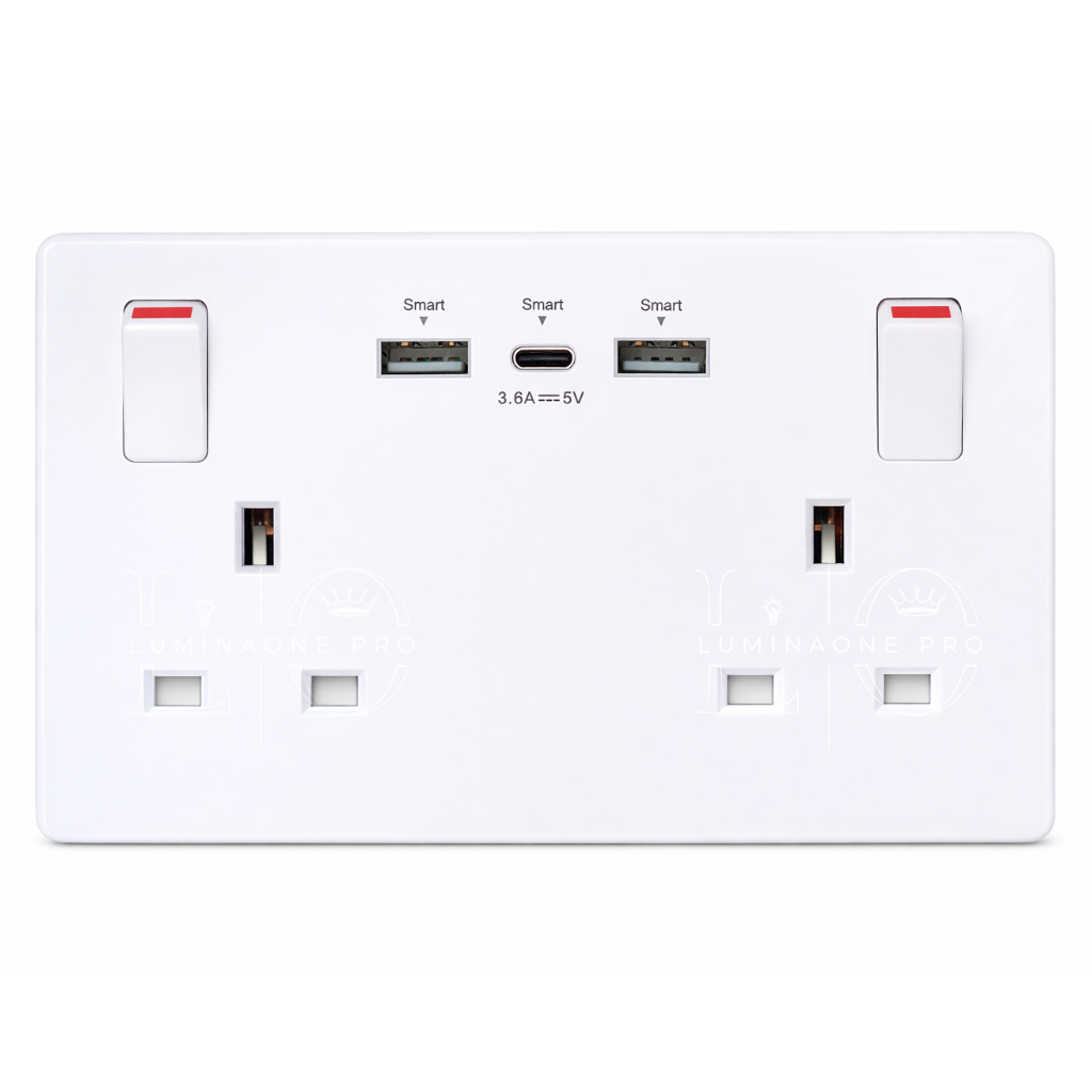 White electrical double wall socket with multiple usb ports on a white background