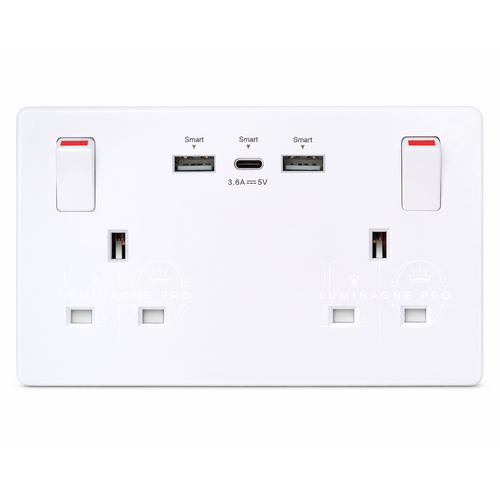 White electrical double wall socket with multiple usb ports on a white background