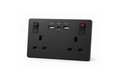 Black electrical socket with multiple ports on a white background