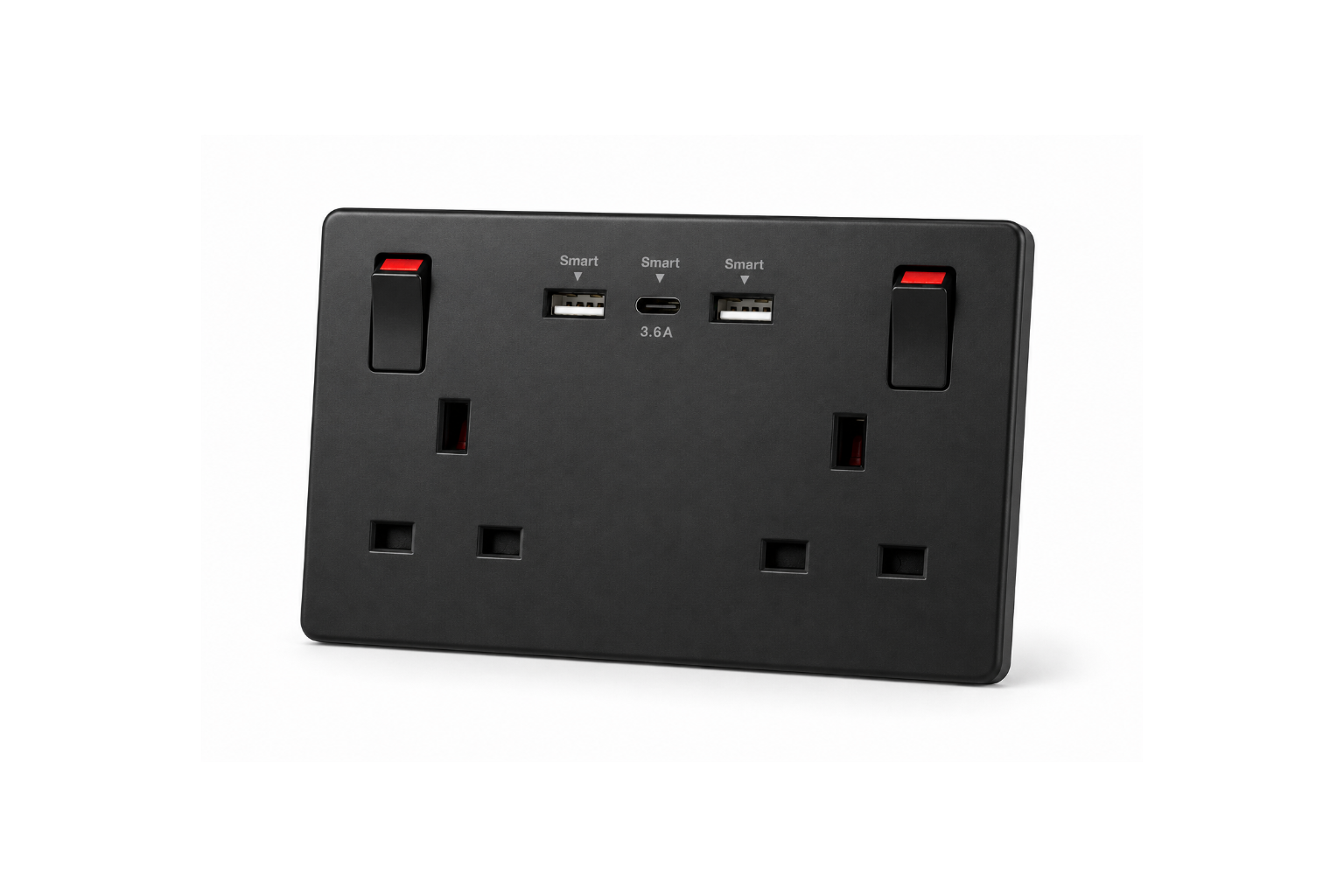 Black electrical socket with multiple ports on a white background
