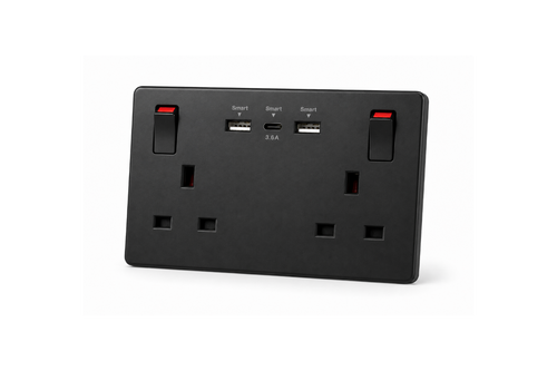 Black electrical socket with multiple ports on a white background