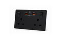 Black electrical socket with multiple ports on a white background