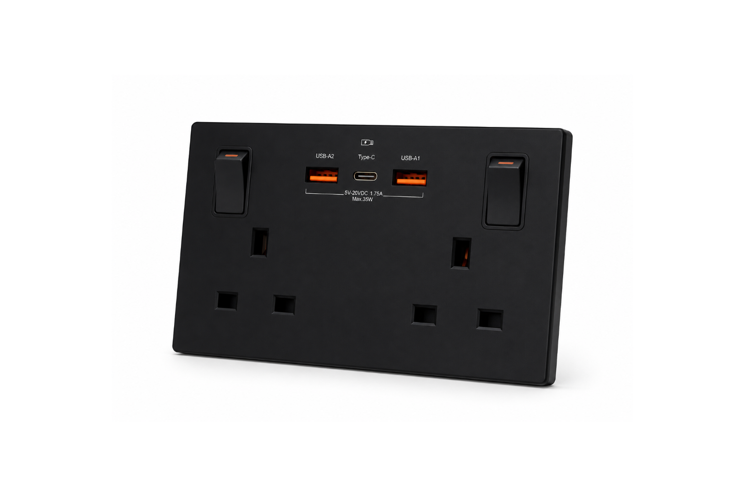 Black electrical socket with multiple ports on a white background