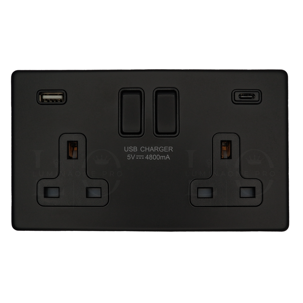 Black electrical socket with USB charging ports on a white background