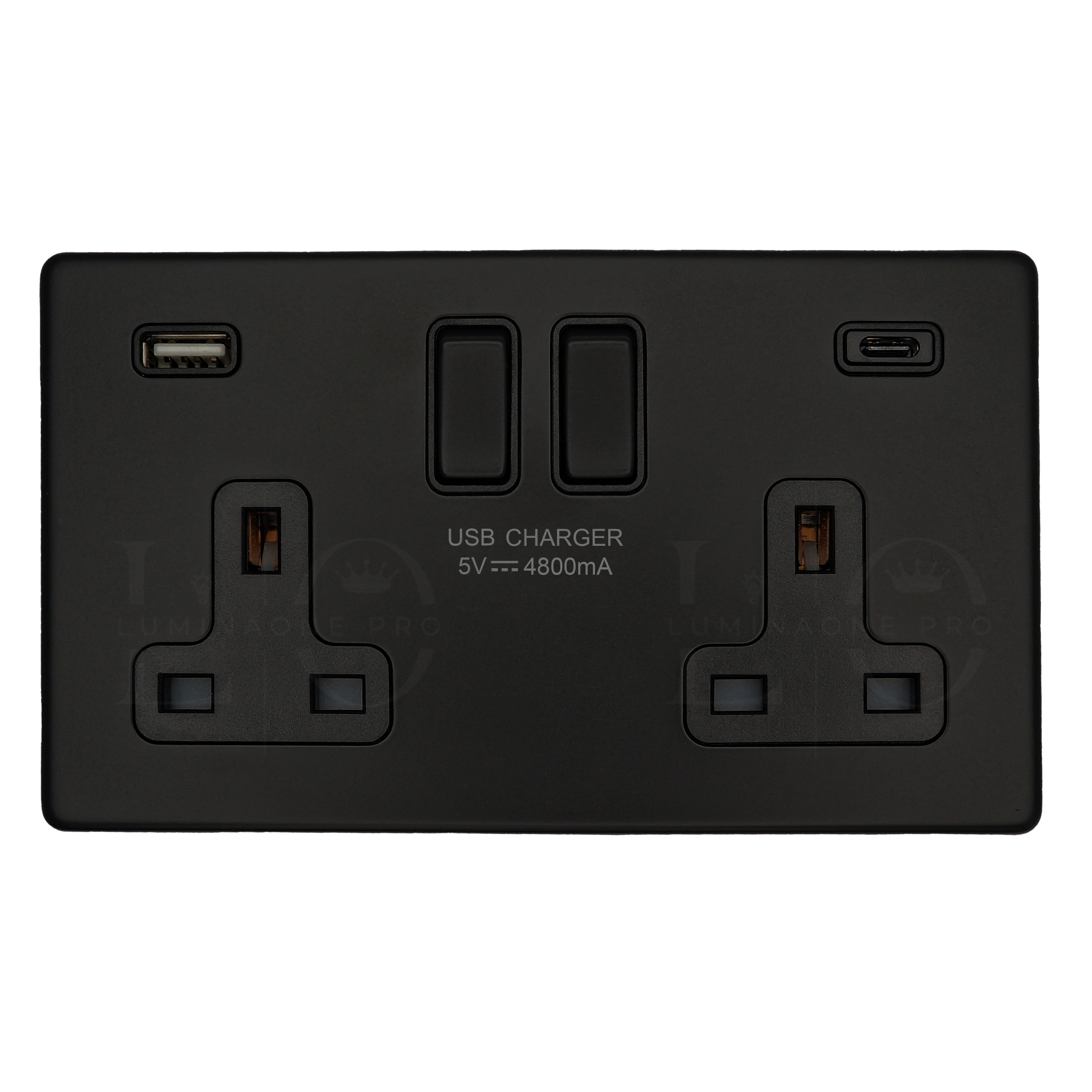 Black electrical socket with USB charging ports on a white background
