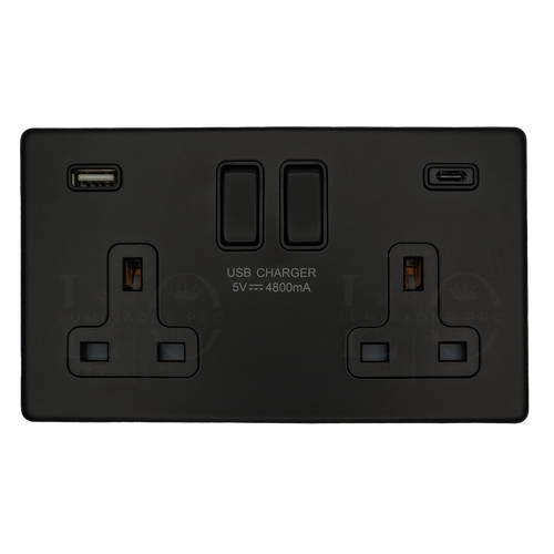 Black electrical socket with USB charging ports on a white background