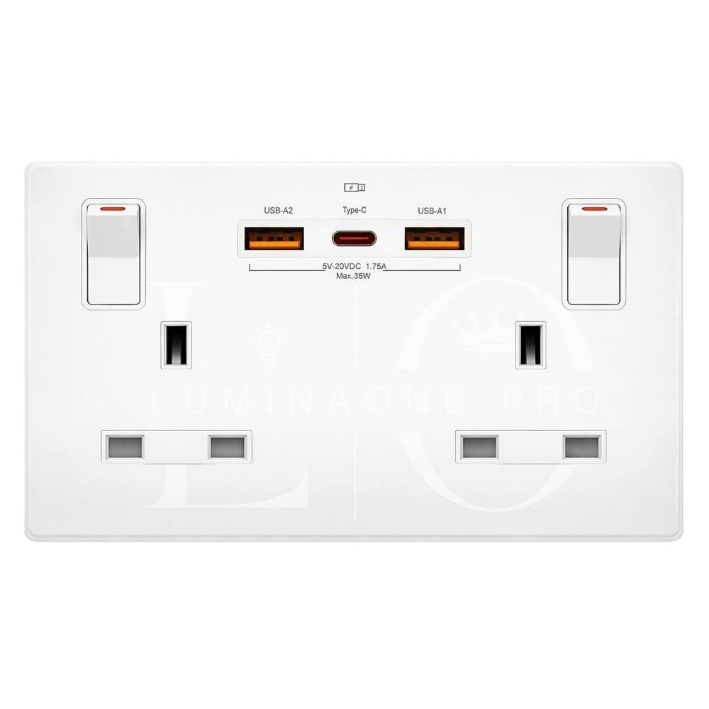 White electrical double wall socket with multiple USB ports on a white background