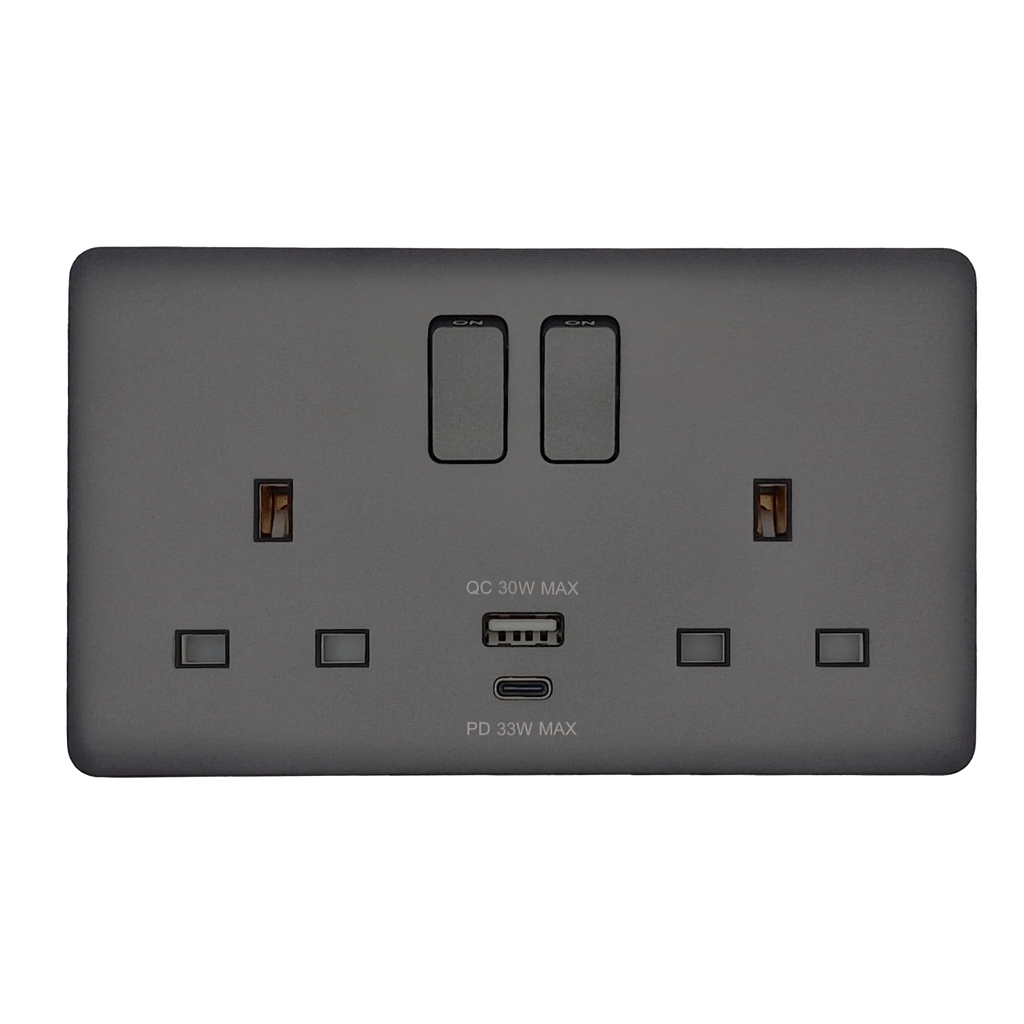  matte Gray electrical wall socket with USB ports on a white background